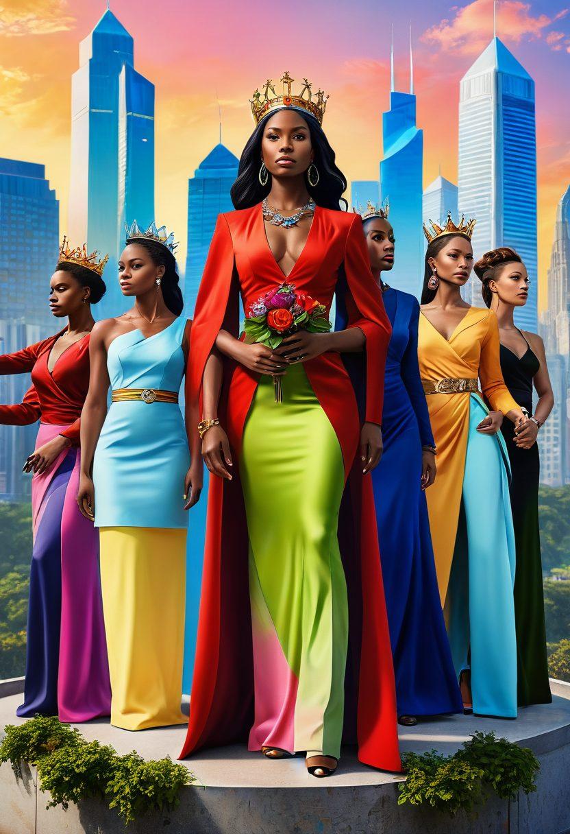 A powerful female figure confidently standing atop a pedestal, surrounded by diverse women of different backgrounds celebrating their empowerment, dressed in elegant attire with bold colors. Include symbols of strength such as crowns and scepters, while highlighting a modern urban backdrop that conveys progress and freedom. The atmosphere should be vibrant and inspiring, reflecting the essence of female supremacy. super-realistic. vibrant colors. urban setting.